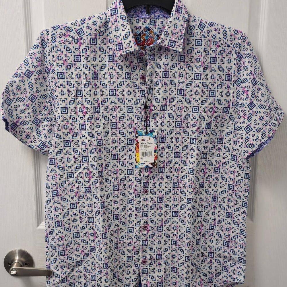 NWT Robert Graham Men's Button Up Geometric Vorsen Linen Blend Shirt Small S